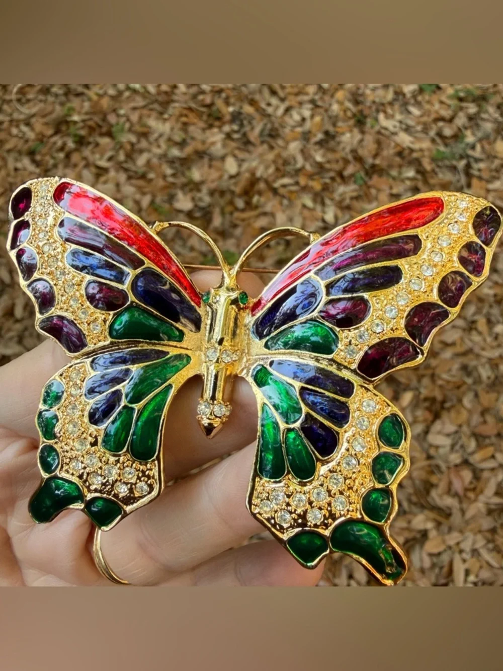 Large Gold Butterfly Brooch Multi Color Rhinestone Enamel Statement Pin